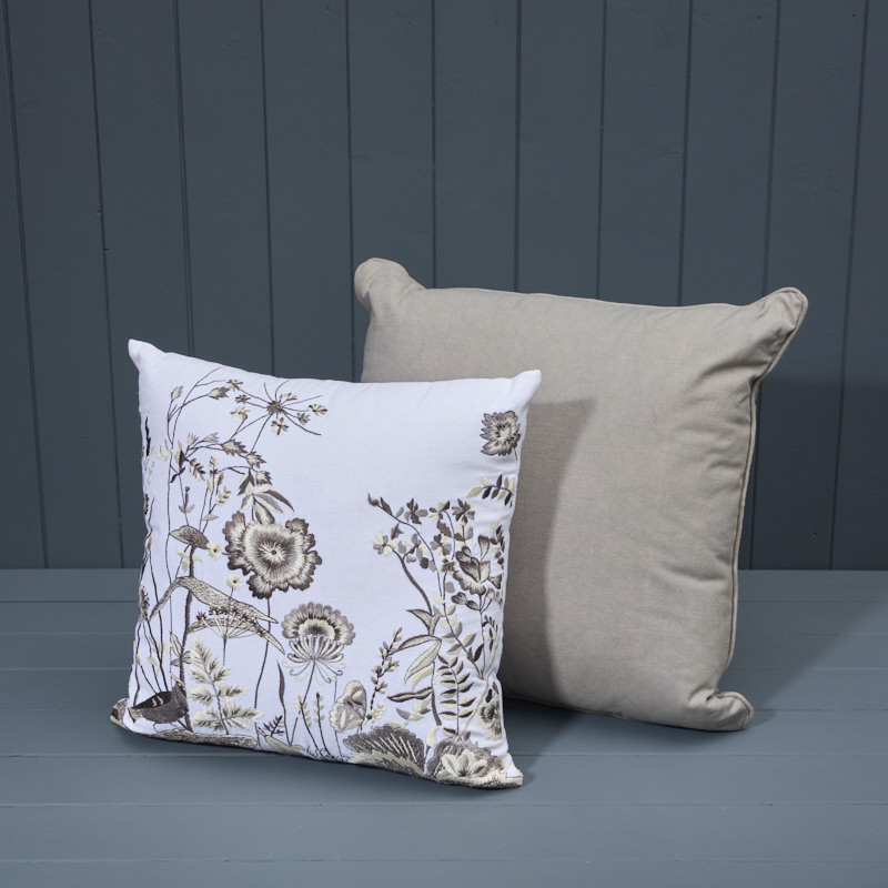 Embroidered White and Grey Cushion with Grey Pairing Cushion