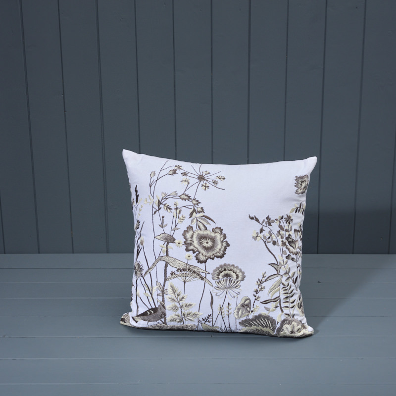 White Cushion with Embroidered Summer Scene