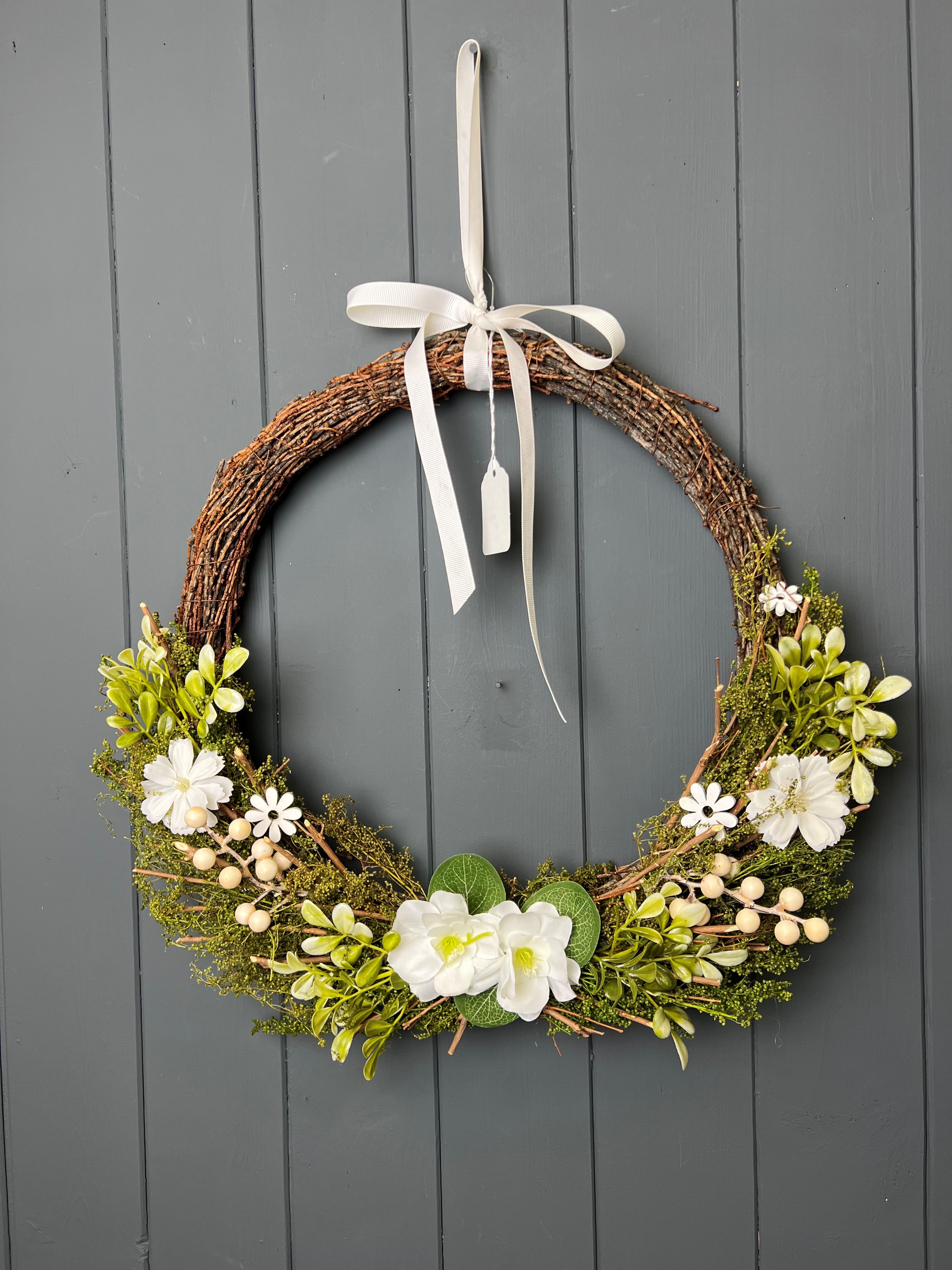 White Floral and Greenery Spring Wreath