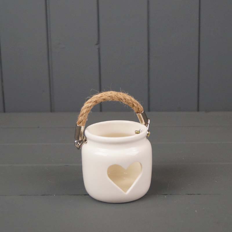 White Porcelain Tealight Holder with Rope Handle and Cut Out Heart