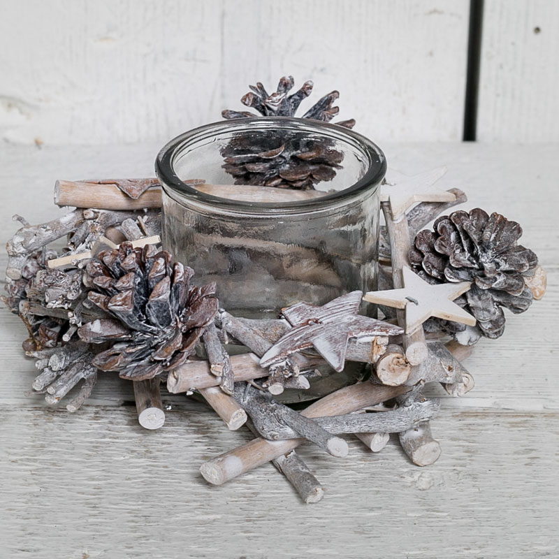 Whitewashed Twig Candle Holder with Pinecones detail page