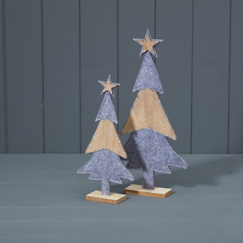 Pair of Wooden and Grey Felt Trees 