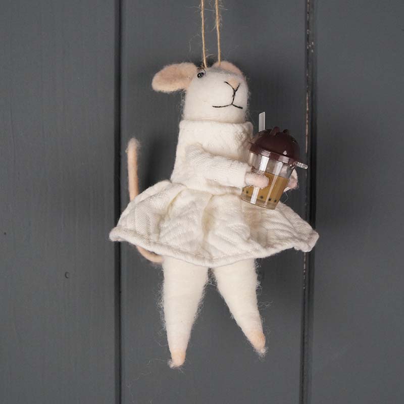 11cm Hanging Felt Mouse with Coffee