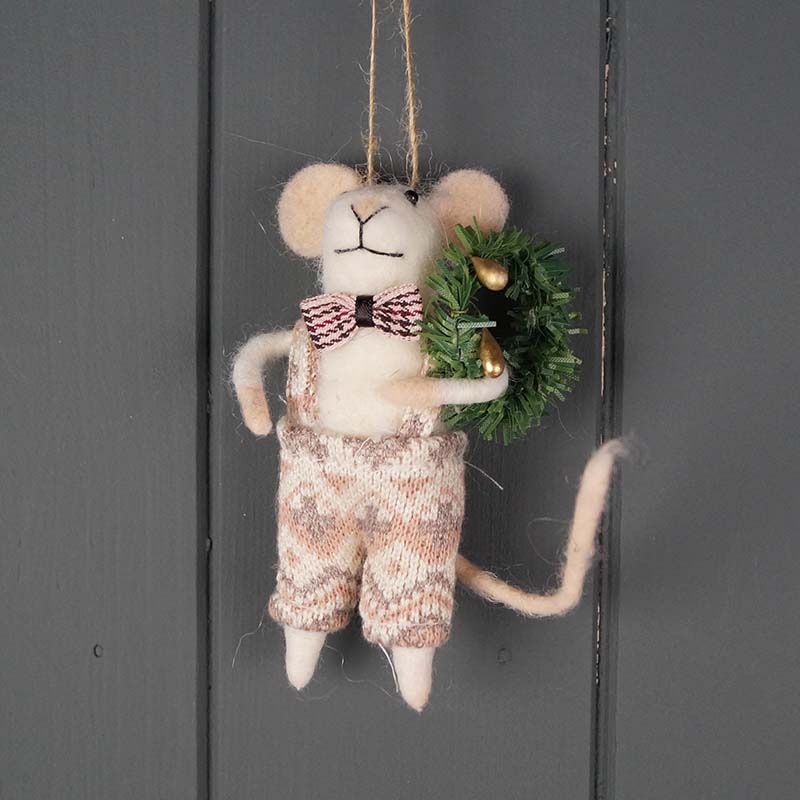 11cm Hanging Felt Mouse with Wreath