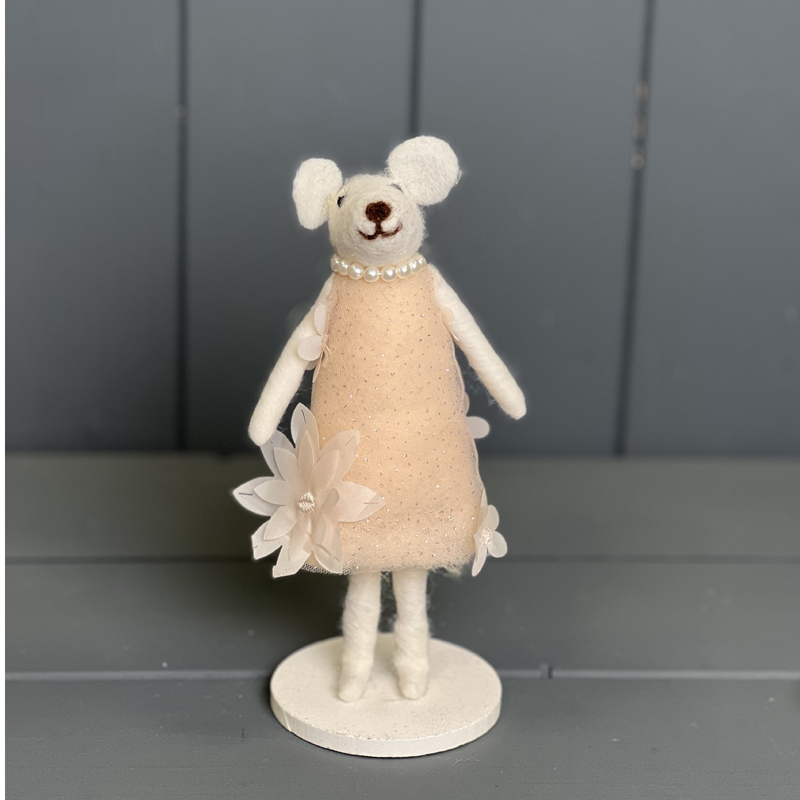 Mouse in Pearl Necklace and Pink Floral Dress