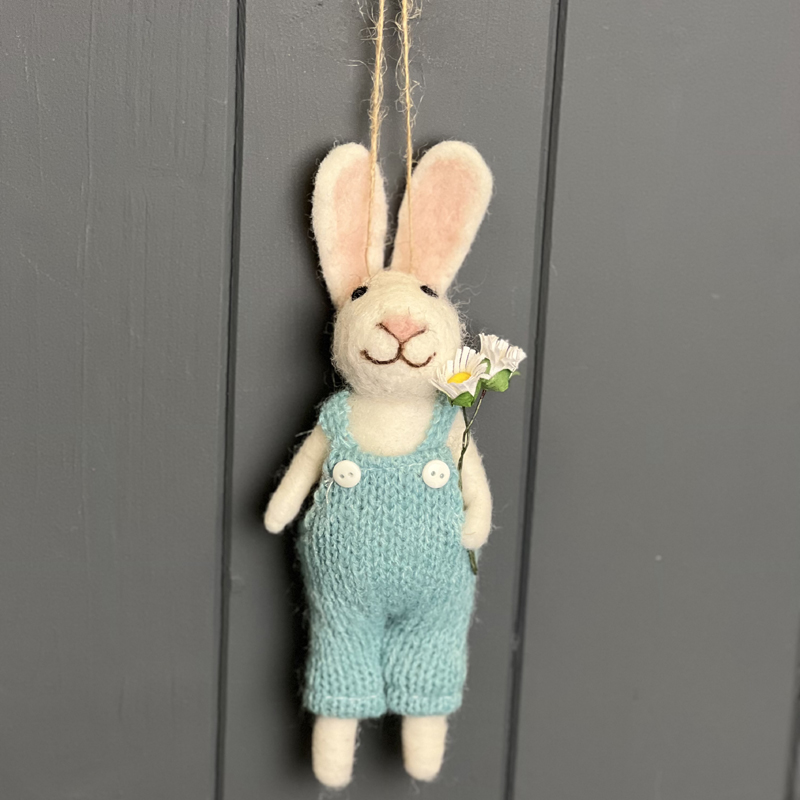 Spring Rabbit in Blue Dungarees Holding Flowers