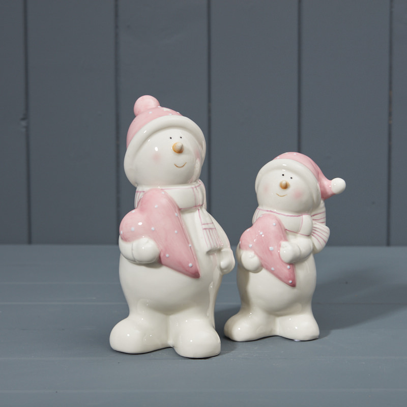 Pair of Pink Ceramic Snowmen