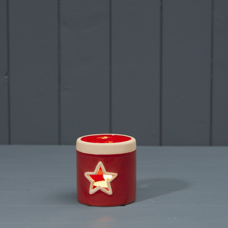 8cm Red Star Tealight Holder lit
