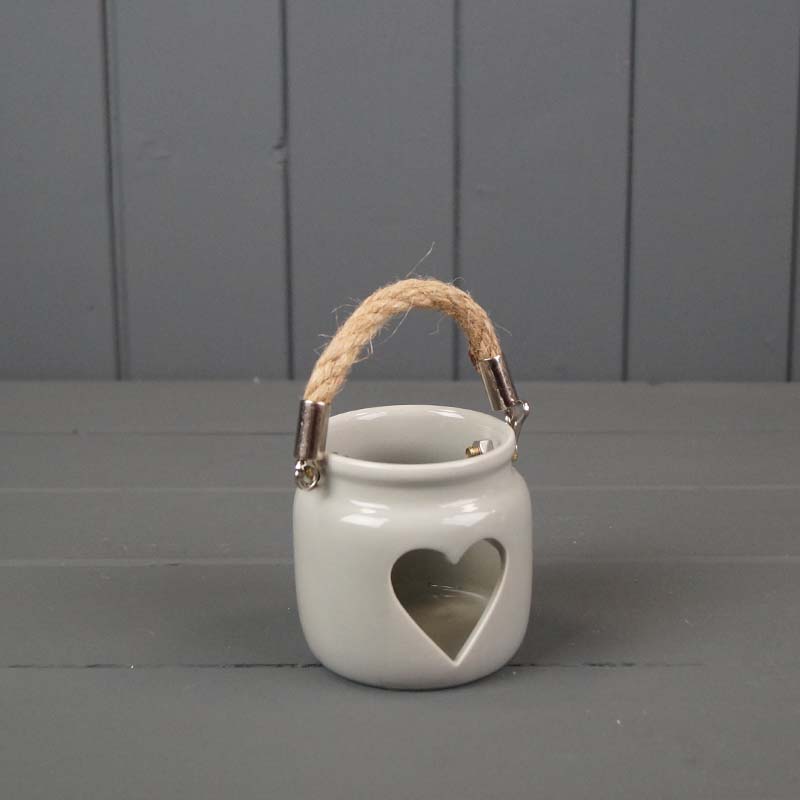 Grey Porcelain Tealight Holder with Rope Handle and Cut Out Heart